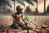 Robot planting watering tree sprouts lifeless desert smoking factory background. Nature preserve, ecology, ecosystem, conservation, restore, harmony concept. Cyberpunk style.