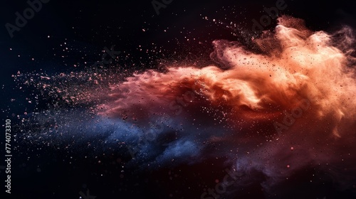 Isolated black background with freeze motion of colored dust explosions