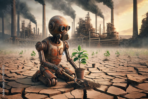 Robot planting watering tree sprouts lifeless desert smoking factory background. Nature preserve, ecology, ecosystem, conservation, restore, harmony concept. Cyberpunk style. photo