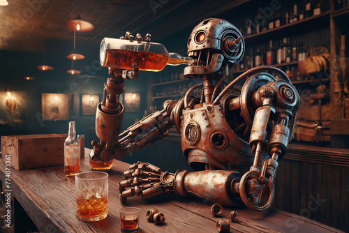 Robot sitting in bar and drinking alcohol from bottle. AI generated image. Cyberpunk style. photo