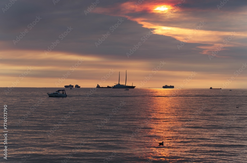 Landscape view of the sea at sunset. Trieste, Italy