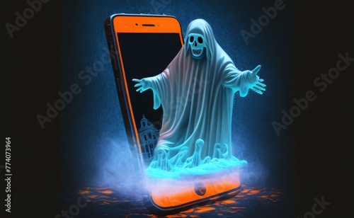 Ghost coming out of the smartphone screen. Halloween concept. 3D Rendering photo