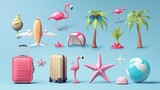 3D realistic render modern icon set of summer items, including an inflatable ball, an airplane, sunglasses, starfish, a suitcase, a flamingo, palm trees, ice cream and palm trees.