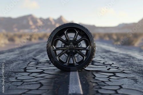 An empty road in the desert, in the center of which is a single glossy black wheel, perfectly positioned in the center of the frame