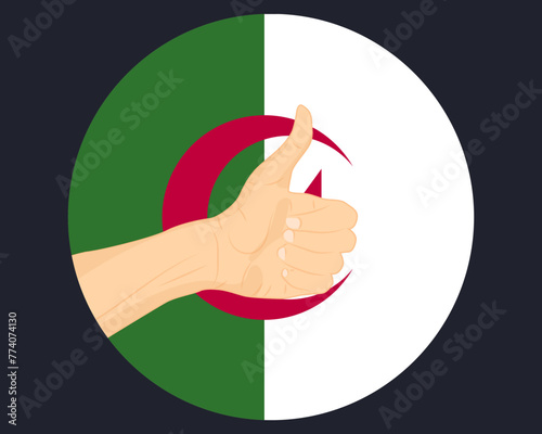 Hand approve sign with Algeria flag, thumb up, approval or vote concept