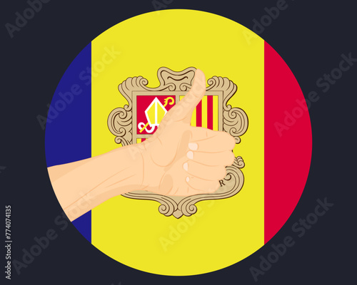 Hand approve sign with Andorra flag, thumb up, approval or vote concept