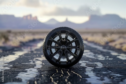 An empty road in the desert, in the center of which is a single glossy black wheel, perfectly positioned in the center of the frame