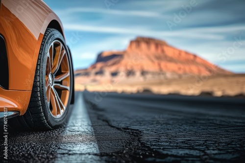 Close-up of the wheels and tires of an orange car on a receding empty road in the Colorado desert