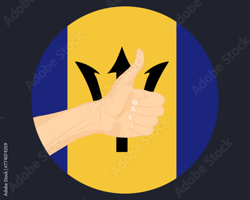 Hand approve sign with Barbados flag, thumb up, approval or vote concept