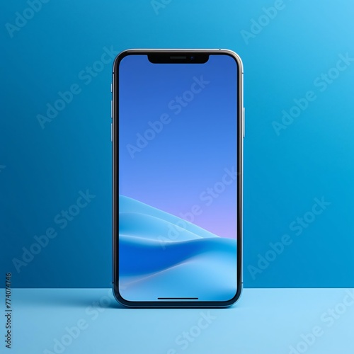 Smartphone with blank screen on blue background. 3D rendering. photo