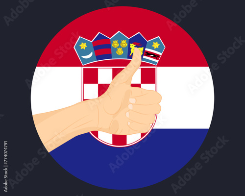 Hand approve sign with Croatia flag, thumb up, approval or vote concept