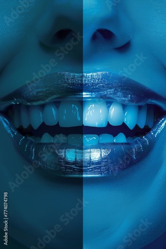 A woman's mouth is shown in two different colors, one blue and one silver