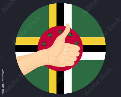 Hand approve sign with Dominica flag, thumb up, approval or vote concept