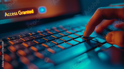 A close-up of a hackers fingers on a keyboard with the word 