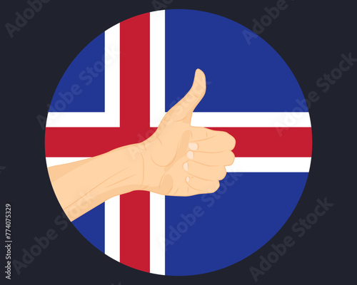 Hand approve sign with Iceland flag, thumb up, approval or vote concept