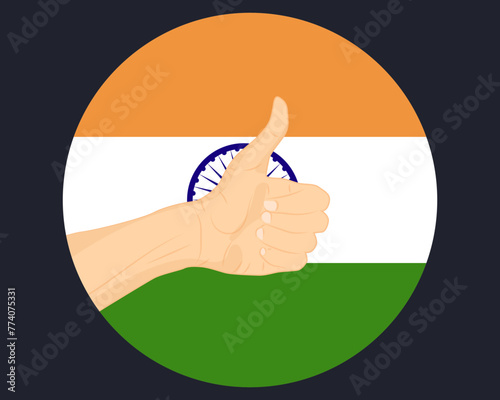 Hand approve sign with India flag, thumb up, approval or vote concept