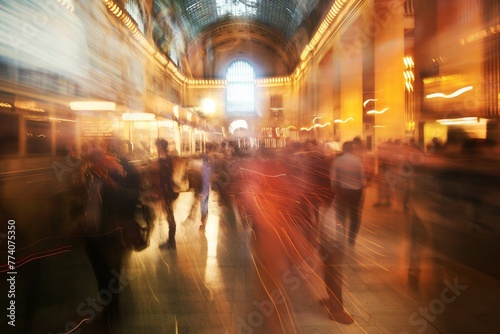 A blurred motion of people walking in a busy indoor setting, capturing the hustle of city life.