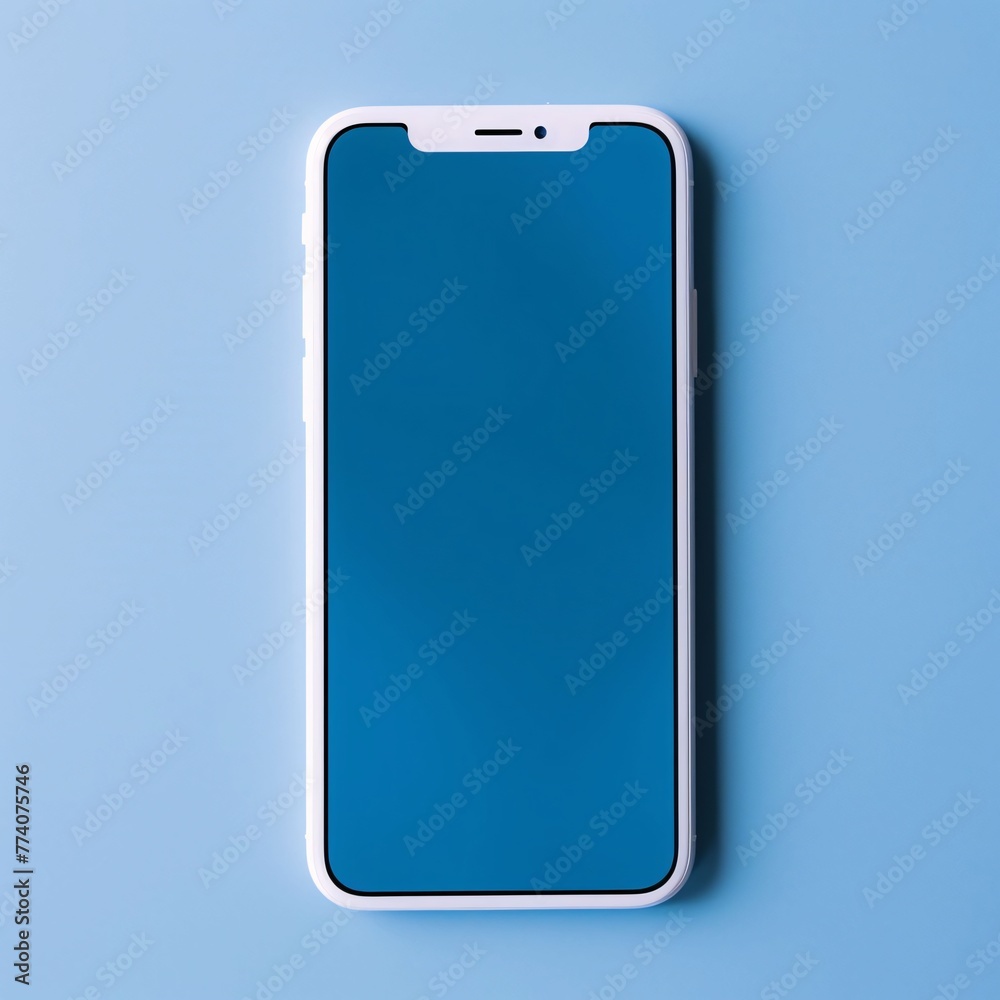 Smartphone with blank screen isolated on blue background. Top view. Smartphone with blank screen isolated on blue background. Top view.