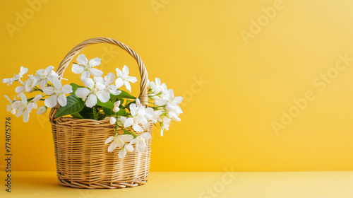 Fresh White Jasmine Flowers in a Wicker Basket on Yellow Background © artem