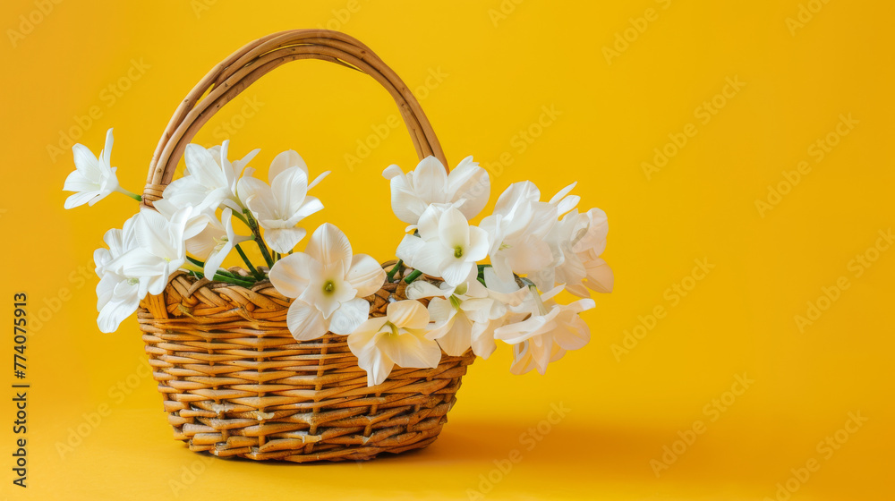 Serene White Flowers in Wicker Basket on Vibrant Yellow Background