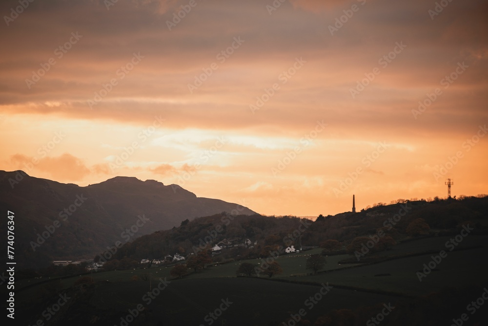 Beautiful view of the hills at sunset. Colwyn Bay, Wales, UK.