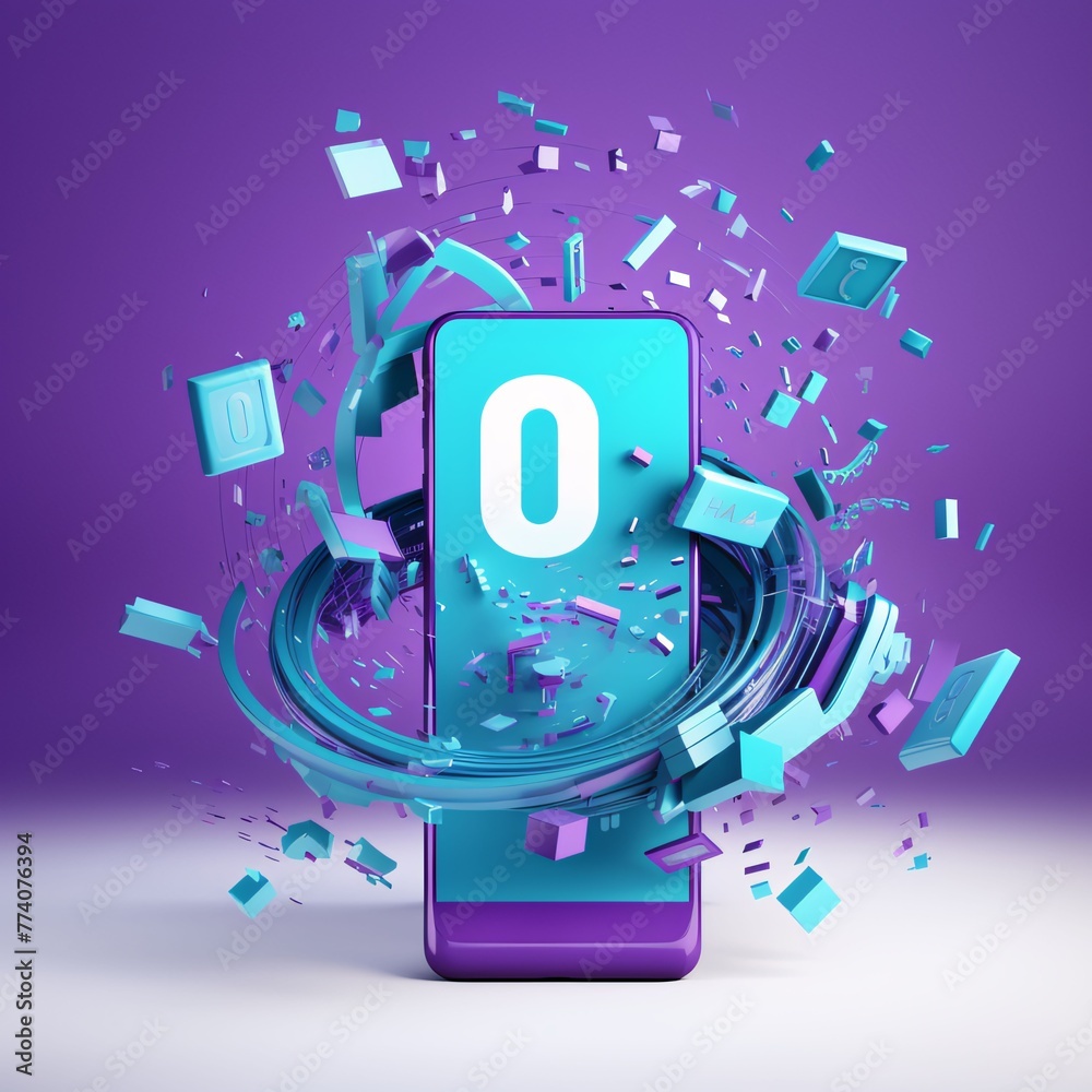Smartphone with number zero on a purple background. 3d rendering