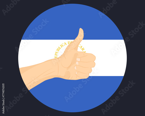 Hand approve sign with Nicaragua flag, thumb up, approval or vote concept