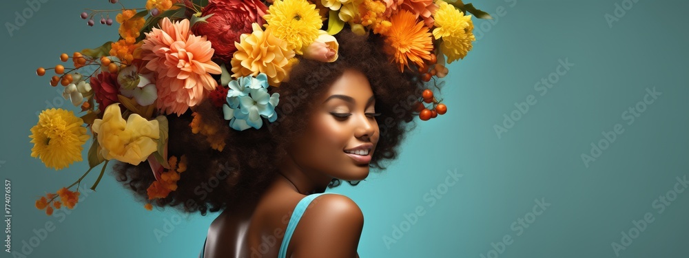 Graceful silhouette of an African woman against a backdrop of blooming floral splendor.