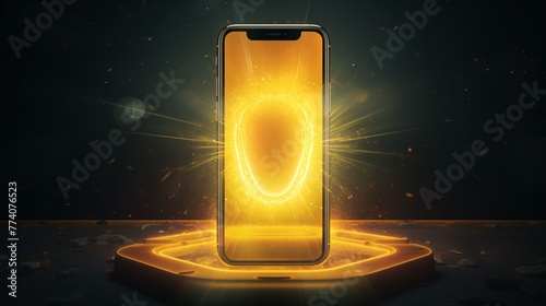 Smartphone with glowing circle on dark background. 3D Rendering photo