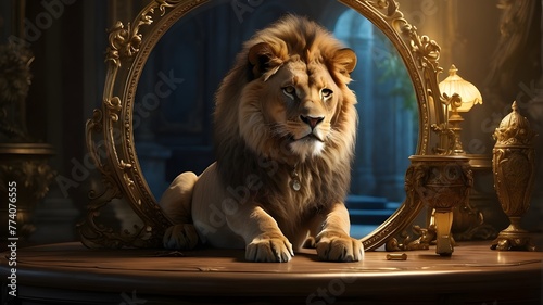 In this digital illustration  a playful kitten sits beside a round mirror on a table  its gaze fixed on the reflection of a majestic male lion inside the mirror. The kitten s expression is one 