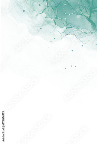 Abstract light blue watercolor hand-painted for and gold splashes effectTeal turquoise marbled alcohol ink drawing effect for card ,templates greetings or invitations.