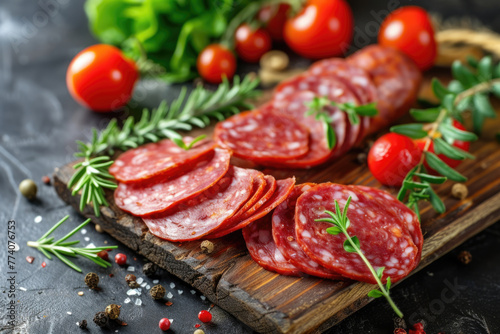Sliced raw smoked sausage. Slices of salami lie on cutting board surrounded by cherry tomatoes, sprigs of marinade and spices