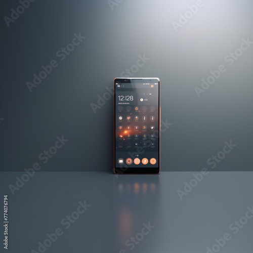 Mobile phone with blank screen on grey background. 3D rendering. photo