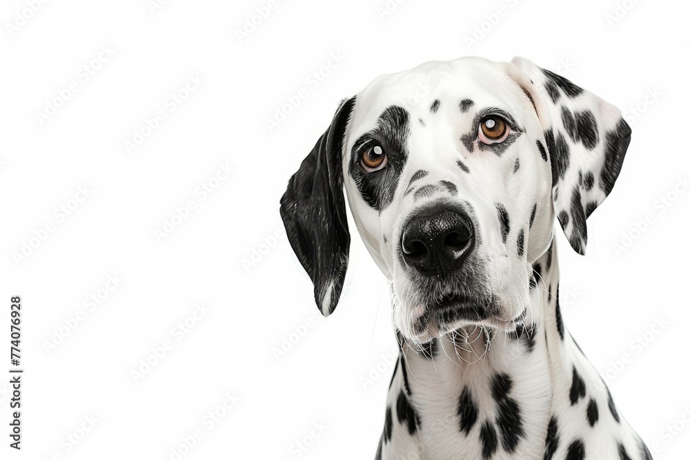 KS portrait of dalmatian dog looking to the side on whit.