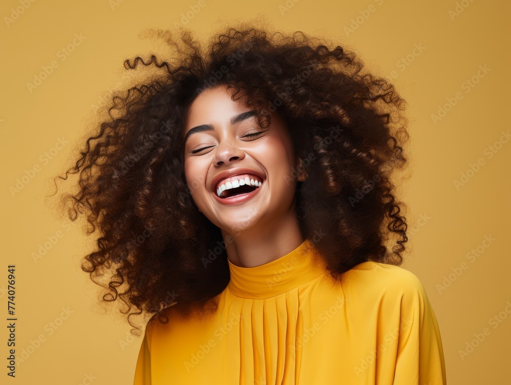 A woman with curly hair is smiling and wearing a yellow shirt A woman with curly hair is smiling and wearing a yellow shirt
