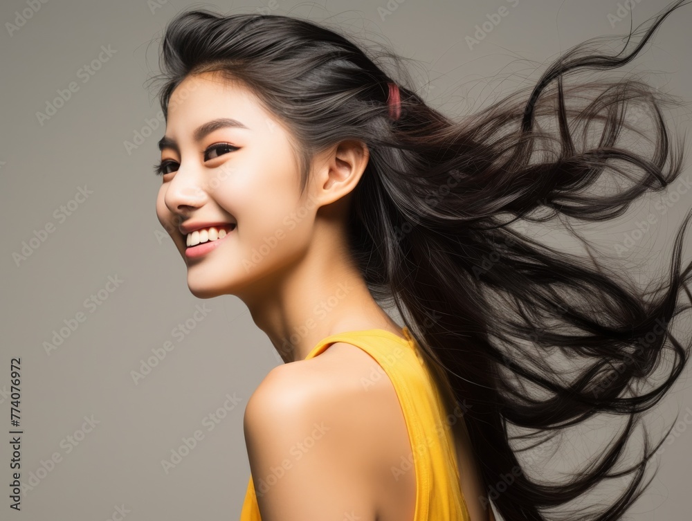 A woman with long hair is smiling and wearing a yellow tank top