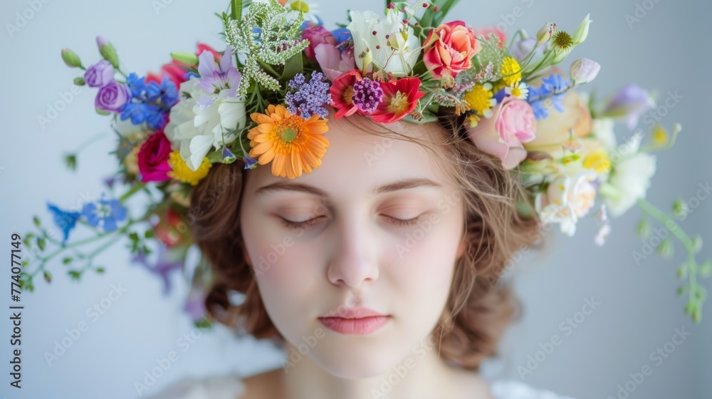 A vibrant flower crown made of a variety of colorful spring blooms adorns her head. 