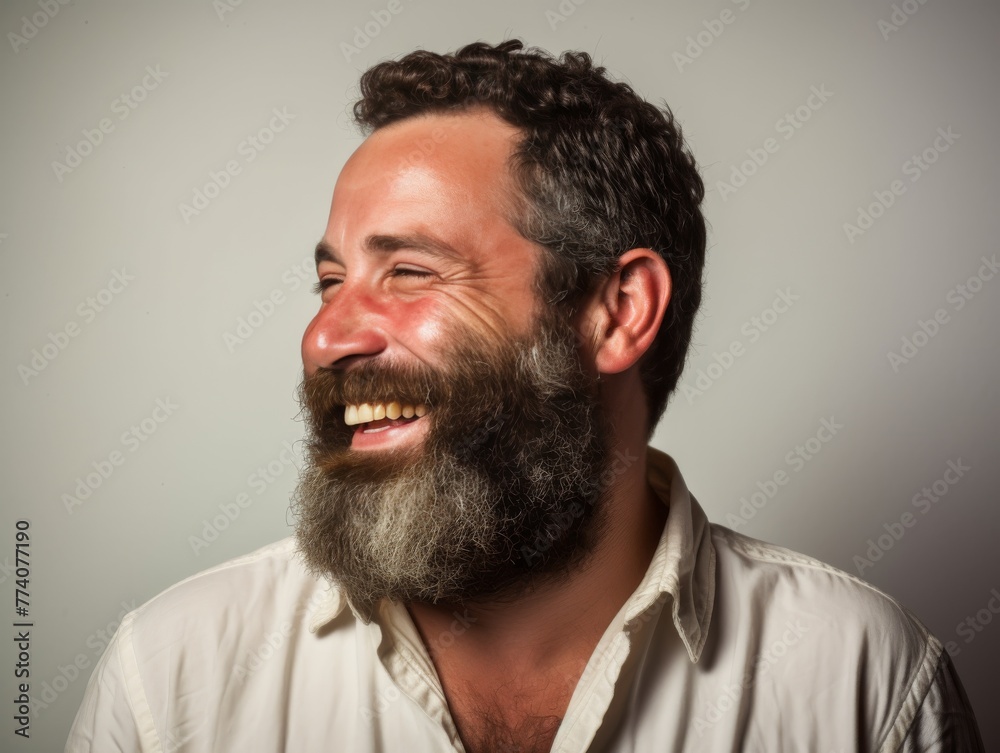 Obraz premium A man with a beard is smiling and laughing