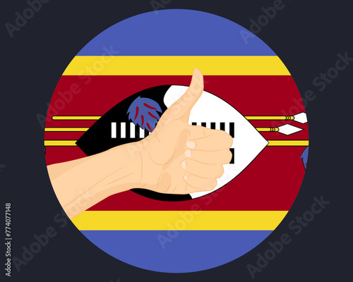 Hand approve sign with Swaziland flag, thumb up, approval or vote concept