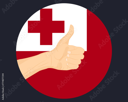 Hand approve sign with Tonga flag, thumb up, approval or vote concept