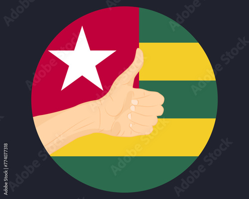 Hand approve sign with Togo flag, thumb up, approval or vote concept