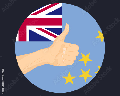 Hand approve sign with Tuvalu flag, thumb up, approval or vote concept