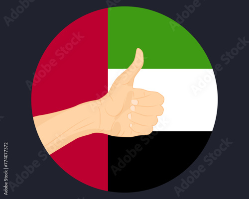 Hand approve sign with UAE flag, thumb up, approval or vote concept