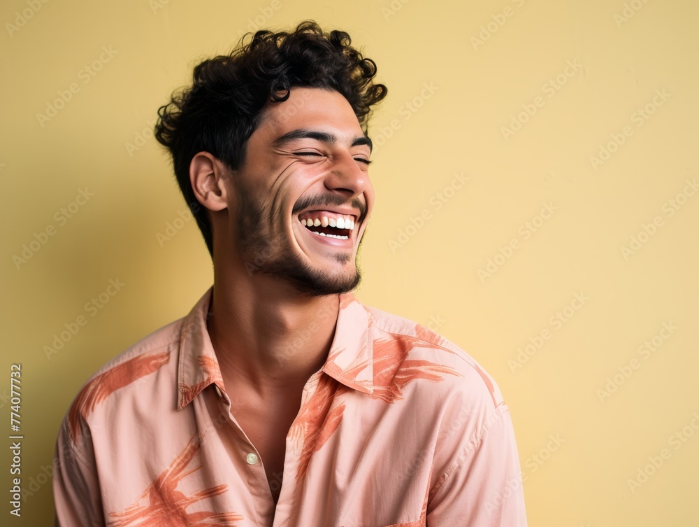 A man with a bright color shirt is smiling and laughing A man with a bright color shirt is smiling and laughing