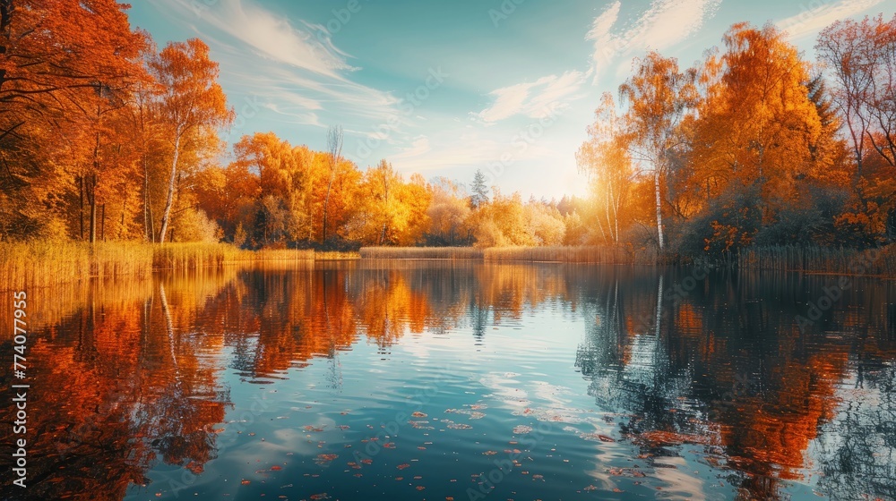 Autumn landscape in colorful lake. Golden fall leaves on beautiful lake. Red forest scenery in stunning nature. Autumn colors in the pond in the deep forest. Fall season in colorful forest. - obrazy, fototapety, plakaty 