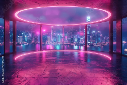Neon-lit circular platform with cityscape view  Concept of urban nightlife and modern presentation spaces