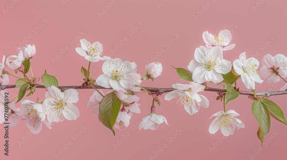 A branch of cherry blossoms in full bloom against a soft pink background
