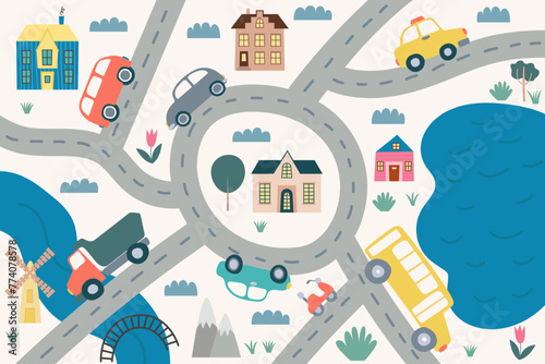 Cute childrens road map flat style vector background. Flat road map with transport, cars, bus, houses, mountains and trees
