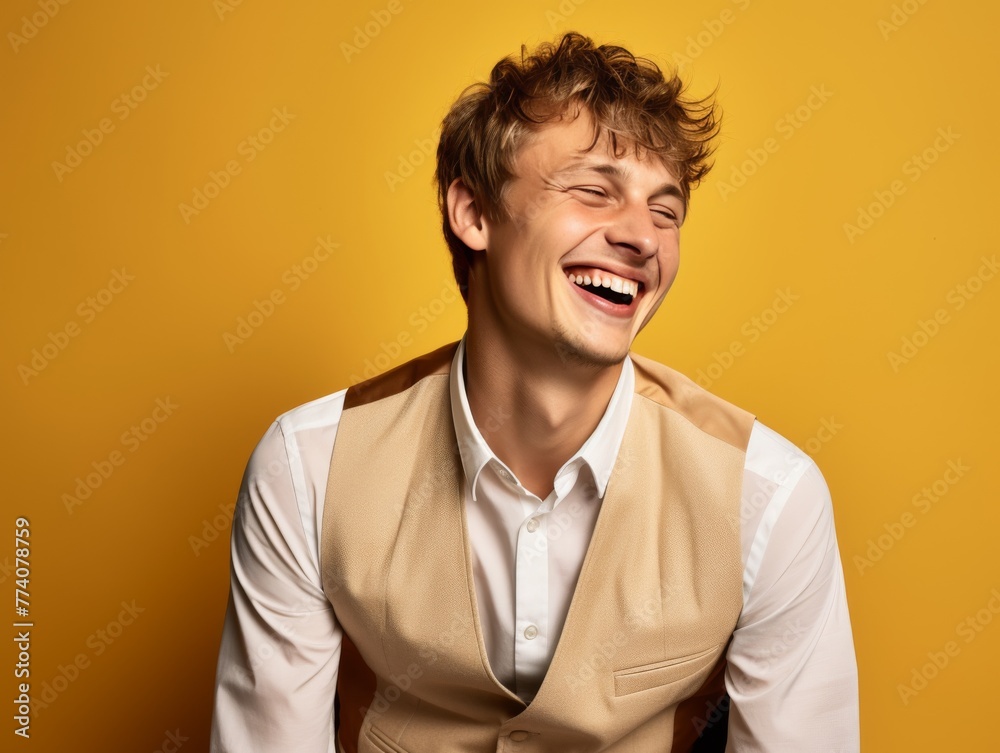 A man with a bright color shirt is smiling and laughing A man with a bright color shirt is smiling and laughing