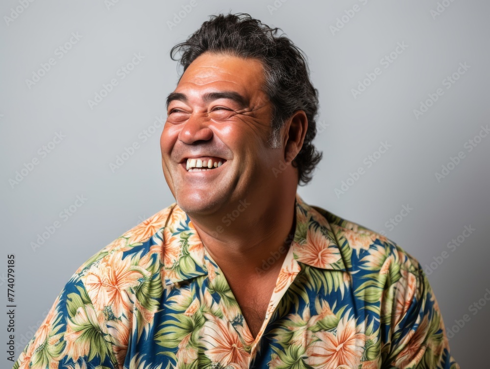 A man wearing a Hawaiian shirt is smiling and laughing A man wearing a Hawaiian shirt is smiling and laughing